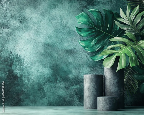 Mint Green Textured Background with Tropical Leaves and Cylinders