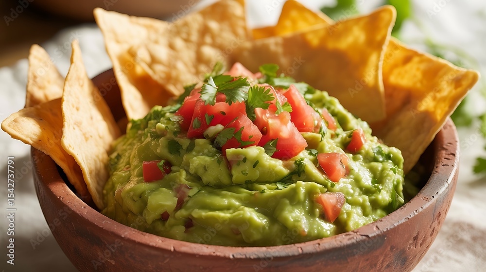 Delicious guacamole with tortilla chips and tomatoes Delicious guacamole with tortilla chips and tomatoes