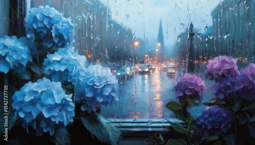 Hydrangea blooms by a window, rainy city view
