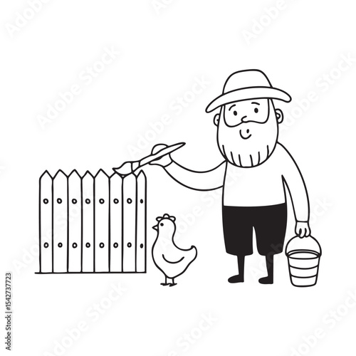 An uncle painting a wooden fence near a chicken shed