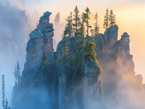 Misty Mountaintop Rock Formations with Trees at Sunrise