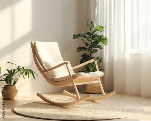 Modern Light Beige Wooden Rocking Chair in Minimalist Interior with Potted Plants