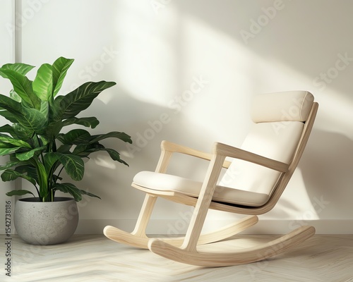 Modern Light Beige Wooden Rocking Chair in Minimalist Interior with Potted Plants