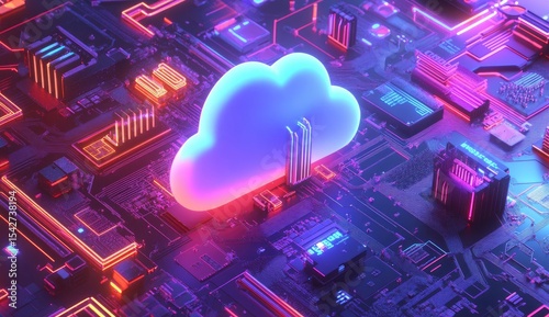 Abstract cloud computing concept. Colorful circuit board with glowing cloud graphic