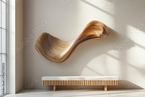 Modern WaveShaped Wooden Wall Art in Minimalist Interior