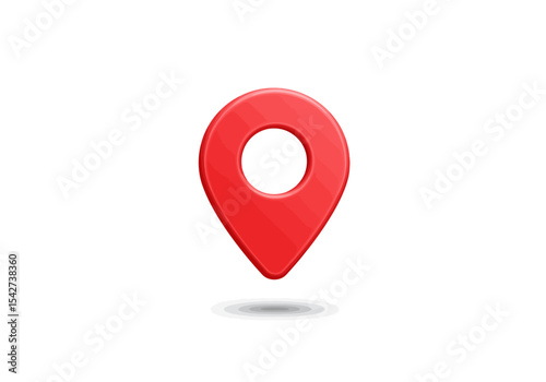 A single glossy red location pin centrally positioned with a subtle shadow underneath against a stark white backdrop
