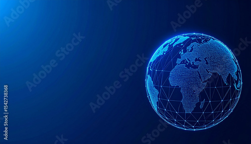 Digital glowing earth globe with geometric wireframe and data points on dark blue background, symbolizing global network connection and technology innovation photo