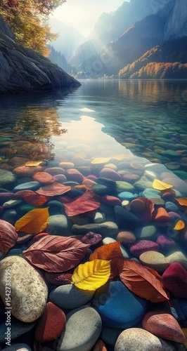 Colorful autumn leaves and pebbles in clear lake water, reflecting mountains