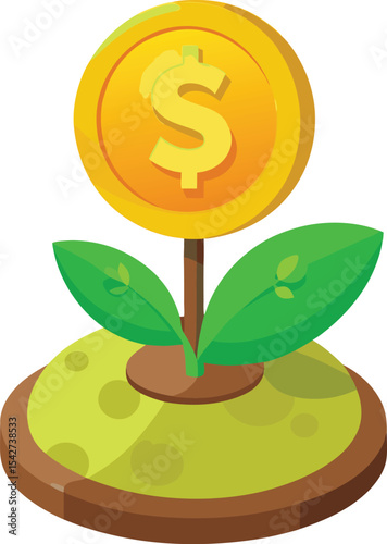 Growing money plant with gold coin and green leaves