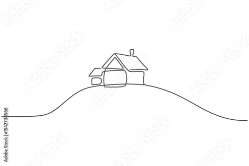 Single Line Drawing House on Hilltop