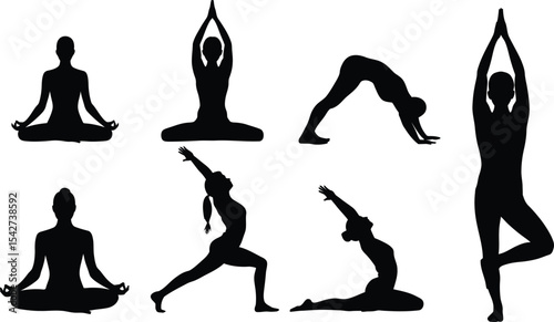 Yoga poses silhouette collection set black and white graphic illustration