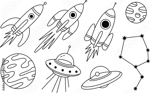 Outline space elements featuring rockets planets ufos and constellation