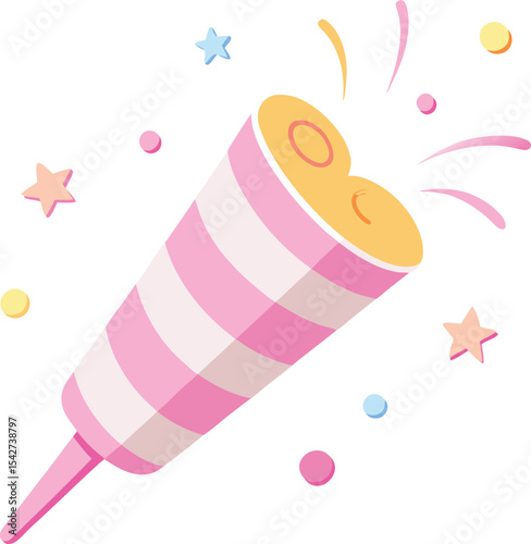 Pink and white striped party popper with confetti