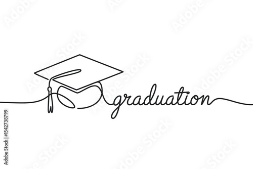 Graduation Cap and Word Graduation in One Line Art
