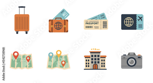 Vector SVG Illustration Set of Travel Icons with Suitcase Passport Map Building and Camera in Flat Modern Style