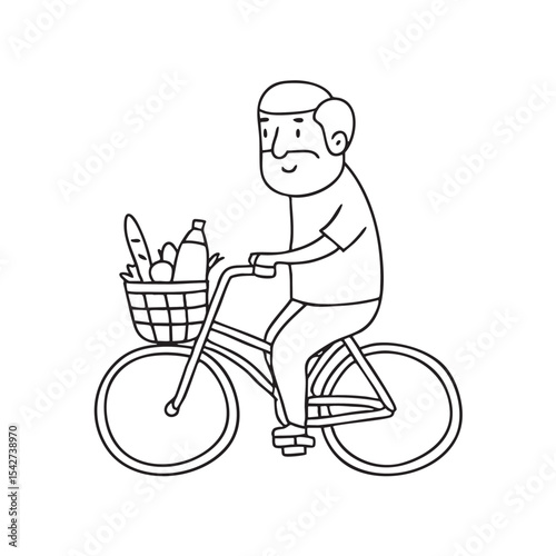 An uncle riding a bike carrying a basket of groceries