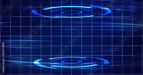 Virtual 3d hud moving background 4K. Circular interface on top and bottom glowing grid lines, futuristic technology development background. Hologram viewfinder VHS BG. Data screen distortion clip.
