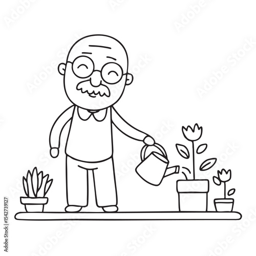 An uncle watering flowers while humming near potted plants