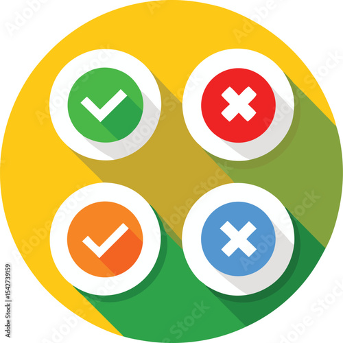 Colorful check mark and cross icons in circular design