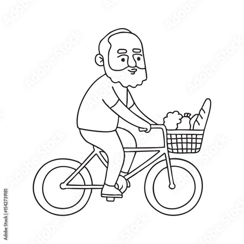 An uncle cycling with a grocery filled basket attached