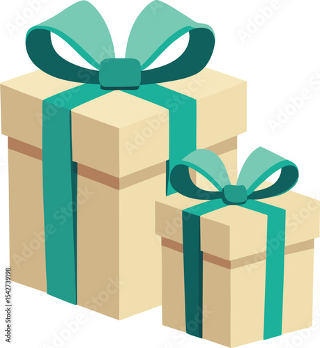 Two beige gift boxes with teal ribbons and bows