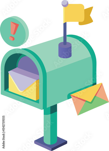 Isometric illustration of a teal mailbox with letters and exclamation mark