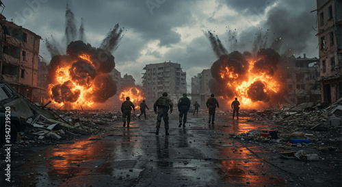 Soldiers in war torn city with explosions