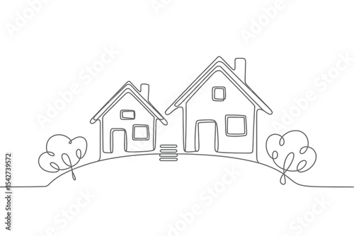 Simple Line Drawing of Two Houses on a Hill