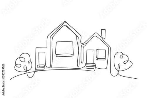 One Line Drawing of Two Houses with Trees