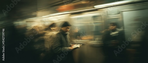 Blurred Motion of Commuter Reading on Subway