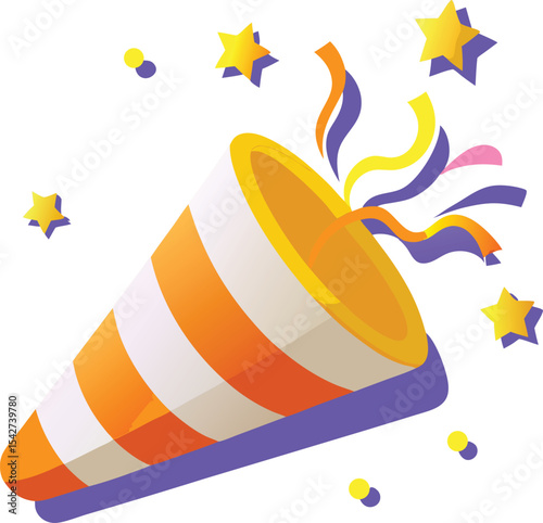 Colorful party popper with stars and confetti illustration