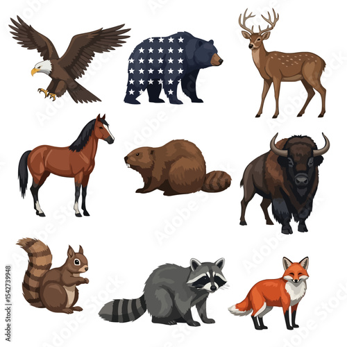 North American Wildlife Cartoon Illustration Set