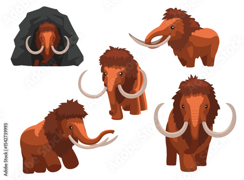Mammoth and Cave Cartoon Emotion faces Vector Illustration