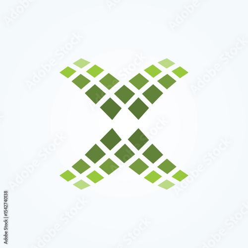 letter X logo design element with dot concept for digital technology. Green X cyberspace symbol. Dots logo, dotted shape logotype vector design