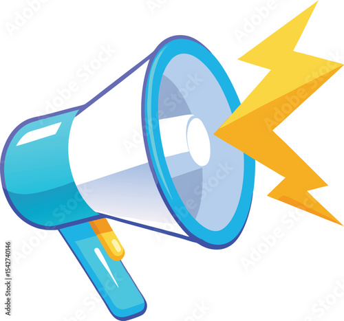 Modern blue megaphone with yellow lightning bolt graphic