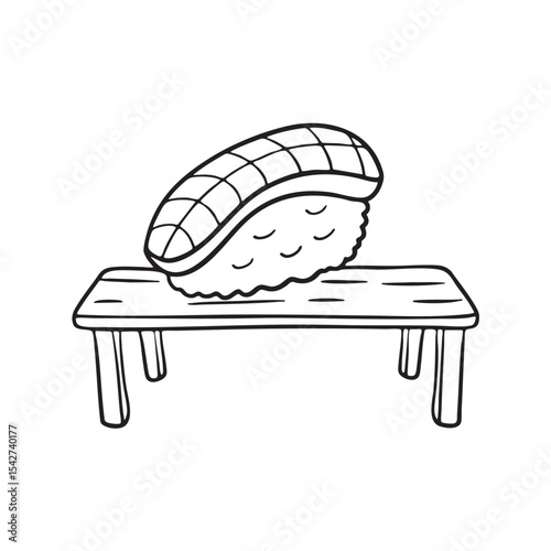 Partially eaten unagi sushi beside a napkin on a wooden bench