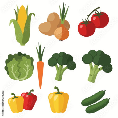 Colorful Vegetable Icons: Fresh Produce Flat Vector