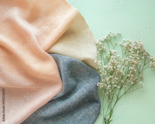 Natural Fiber Fabric Swatches Flat Lay on Pastel Background