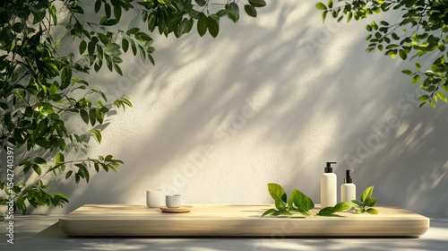 Natural Light Product Display with Wooden Platform and Green Leaves