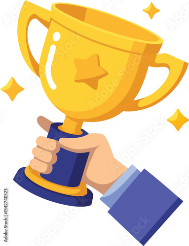 Hand holding a golden trophy with star award winning achievement