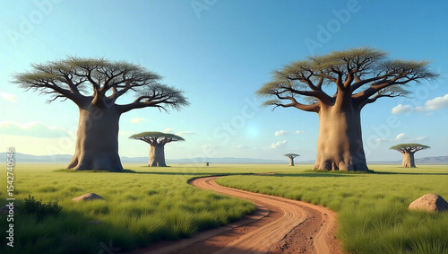 Exotic african baobab plant field in clear blue sky background