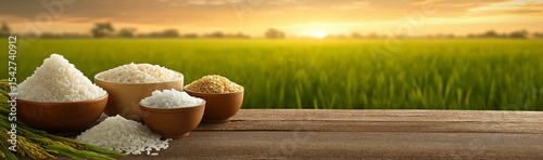A wide - banner scene, with pastoral rice fields as the background, rice - filled utensils on a wooden table, full of a rustic atmosphere.
