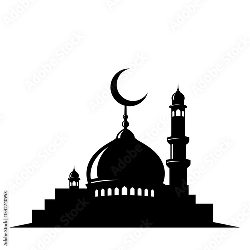 Silhouette of a mosque with a crescent moon isolated on white background