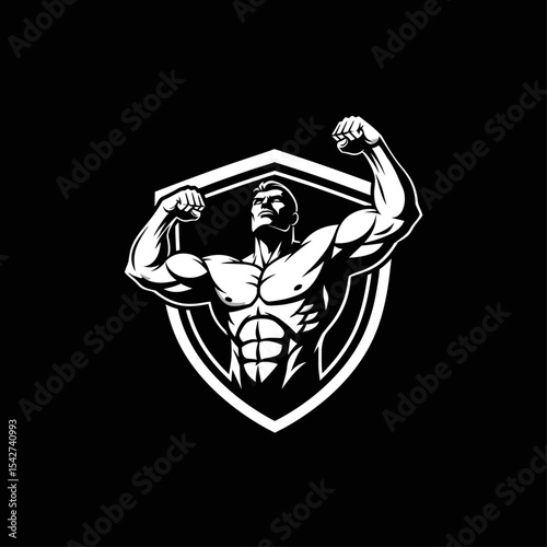 Muscular bodybuilder flexing inside a shield isolated on black background