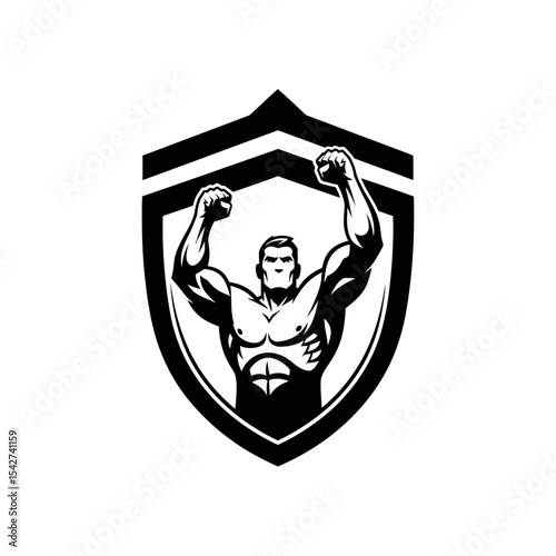 Bodybuilder flexing muscles inside a shield isolated on white background