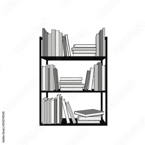 Books are neatly arranged on a three shelf bookshelf isolated on white background