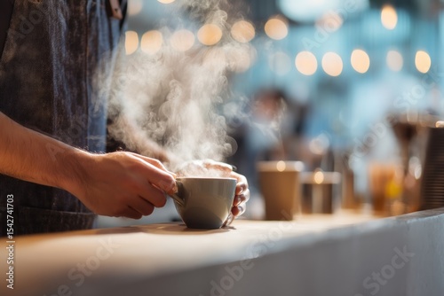 Steaming Hot Coffee Cup in Cafe