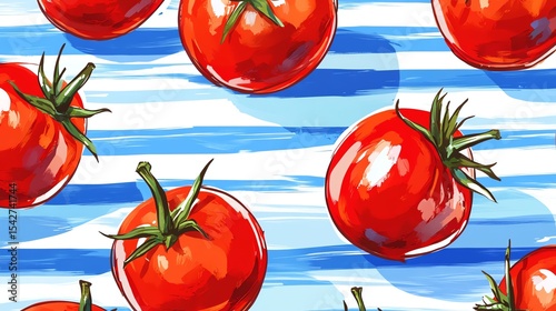 Trendy seamless Summer Tropical Bliss Vacation Seamless pattern with tomatoes and striped background Acrylic style , Design for fashion , fabric, textile, and all prints