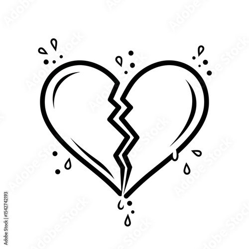 Outline of a broken heart with drips isolated on white background
