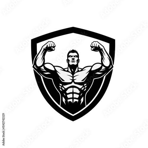 Bodybuilder flexing muscles inside a shield isolated on white background